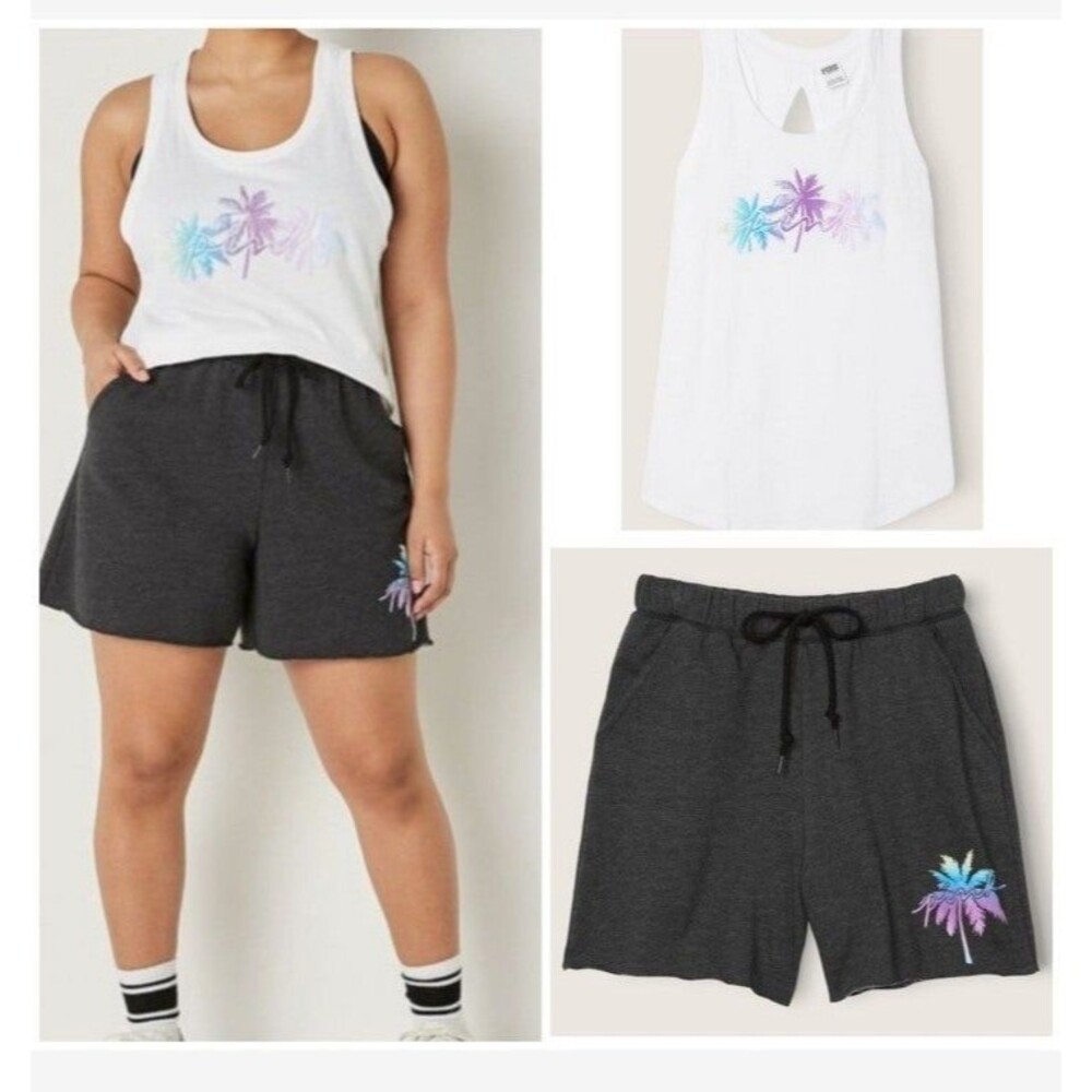 VS PINK OUTFIT PALM TREE SHINE SET TROPICAL L dad shorts tank